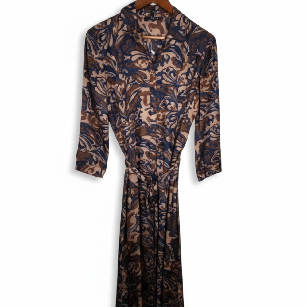 J.McLaughlin Midi Shirt Dress Silk Viscose Botanical Print Tie Waist Button Up M